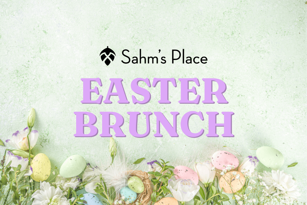 Pastel green Easter background with a border of eggs and branches at the bottom overlaid with the Sahm's Place logo and text 