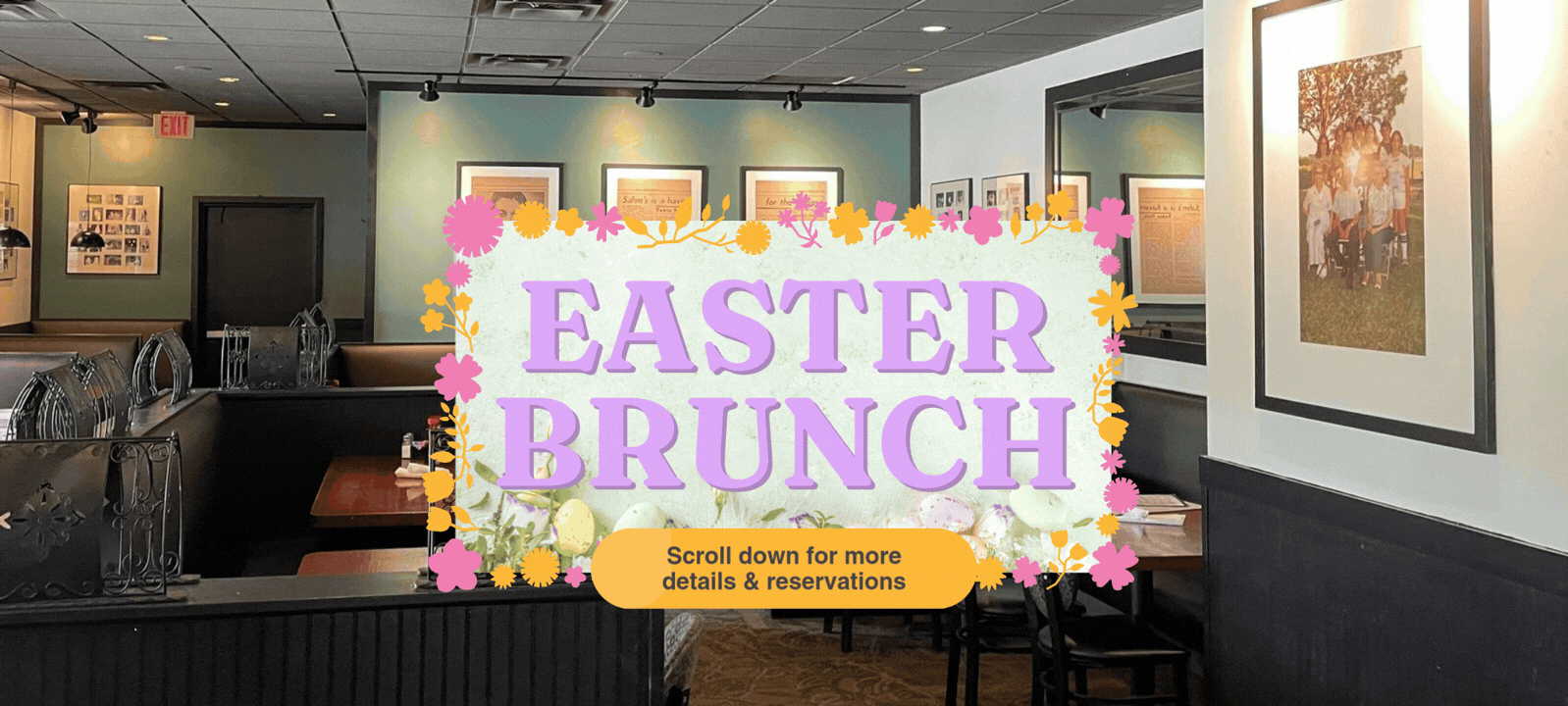 A photo of Sahm's Place's family dining room overlaid with an announcement for Easter Brunch - scroll down for more information on reservations.